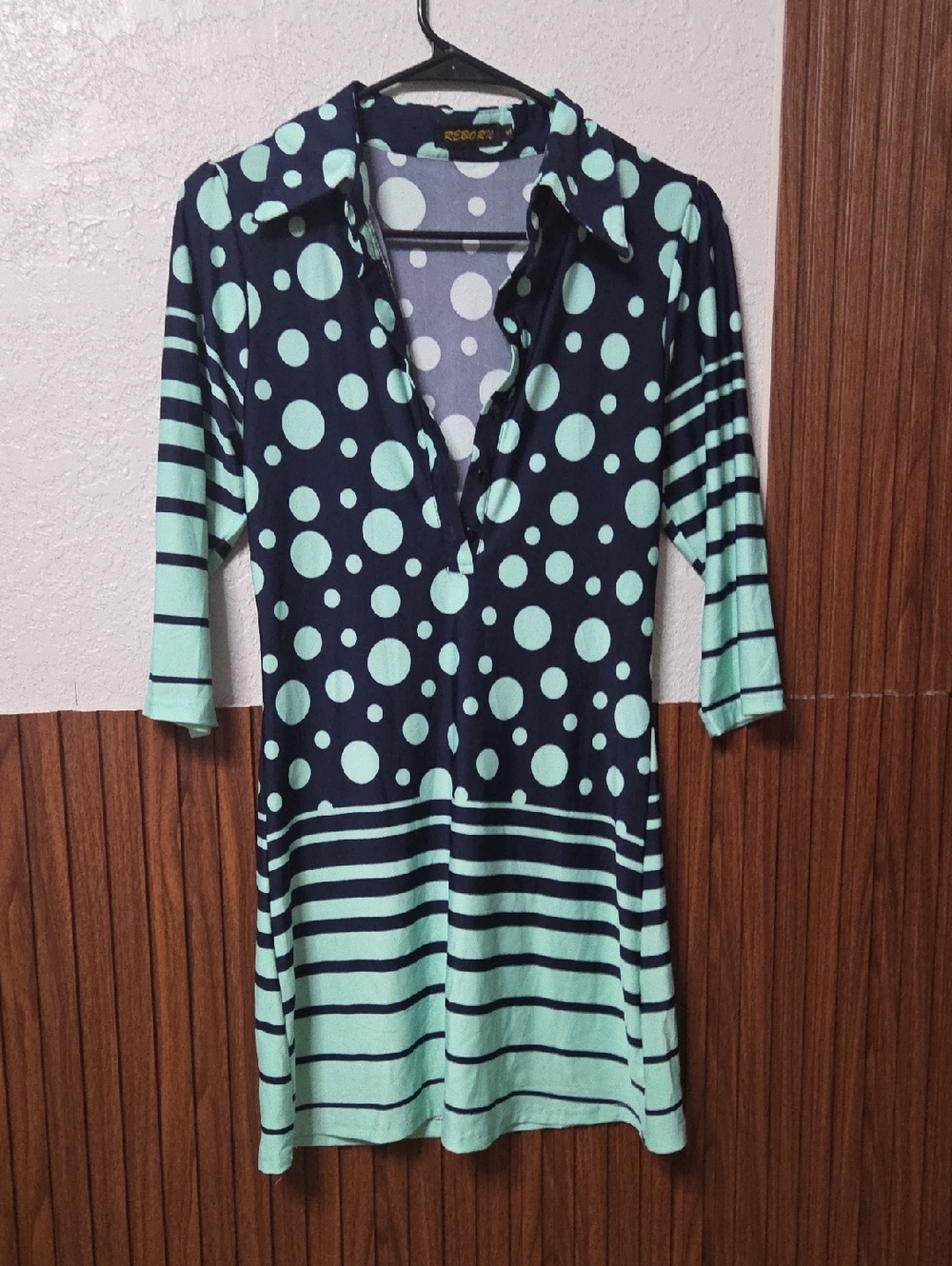 Reborn Navy and Mint Polka Dot Stripe Dress Small Sz [1219].